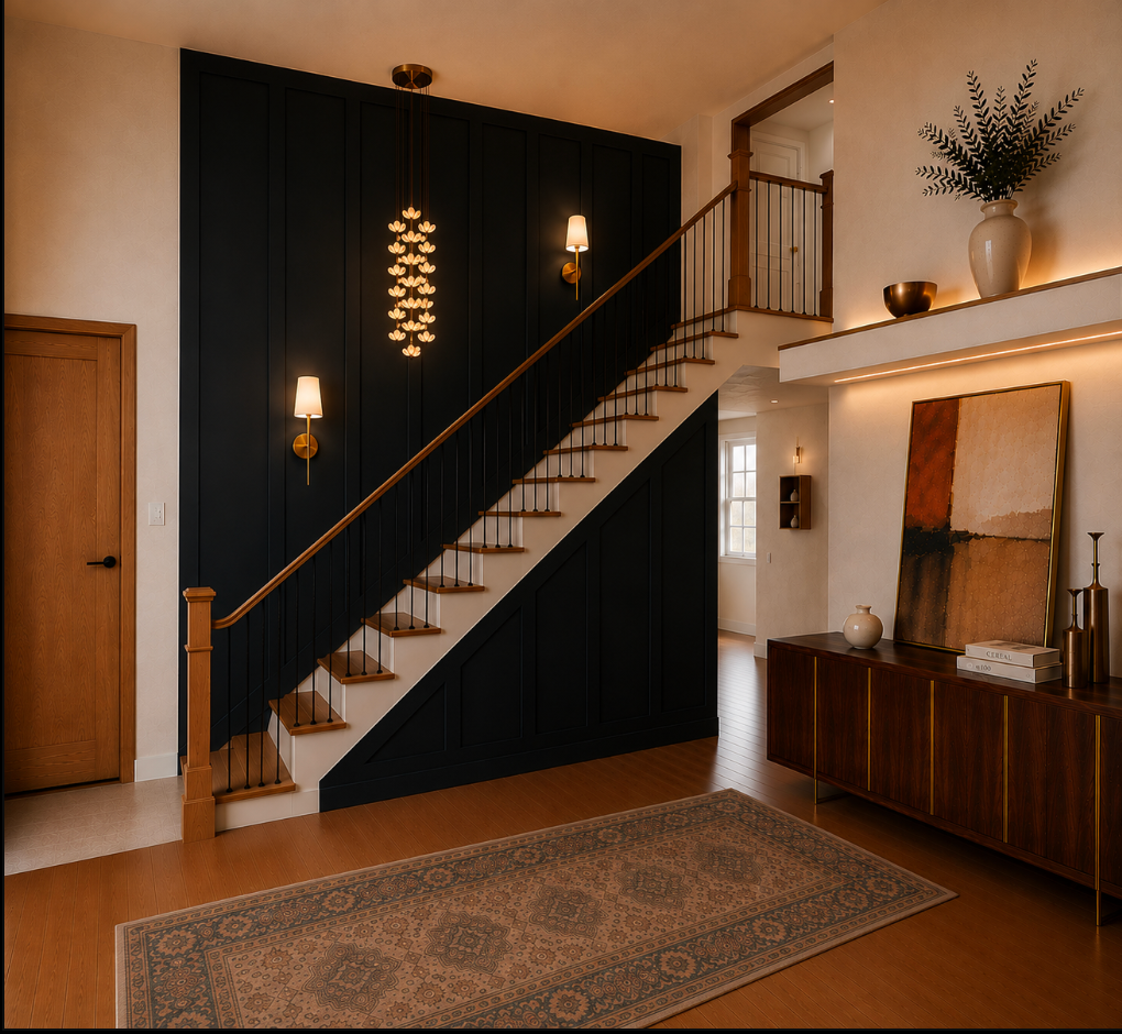 Entryway after redesign, with dark paneled staircase and statement lighting
