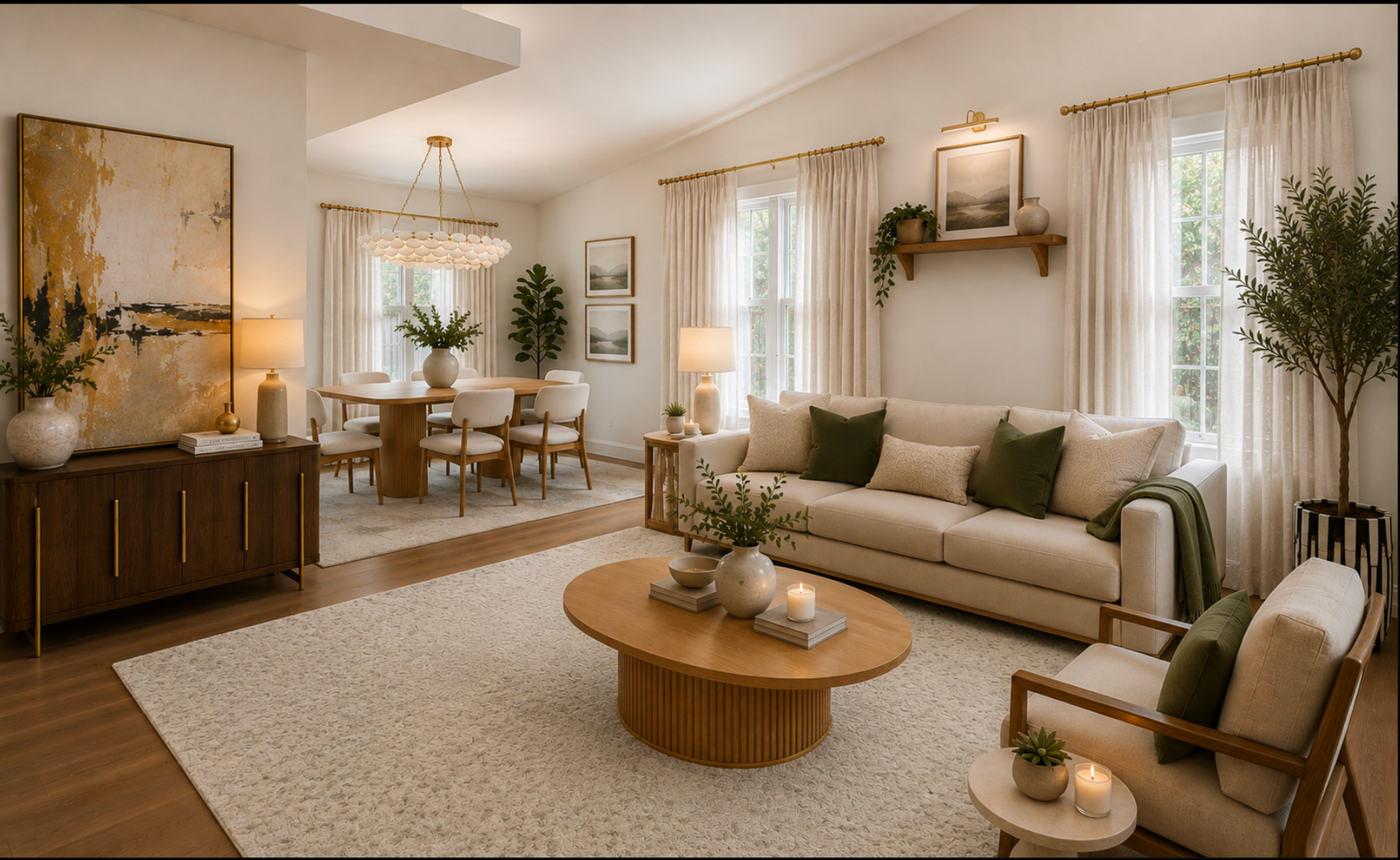 Open concept living and dining room after redesign, with warm neutral tones