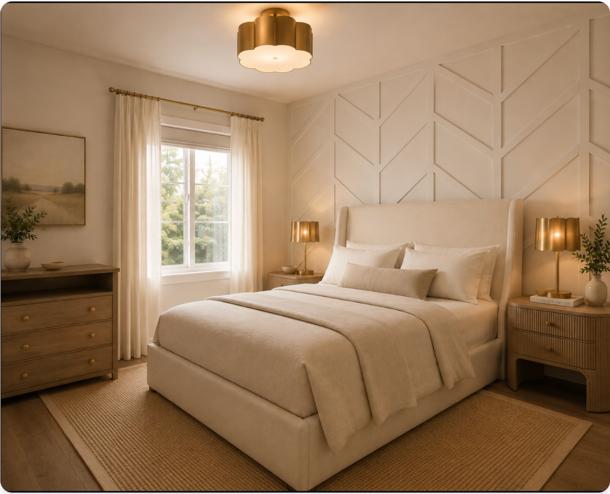 Primary bedroom after redesign, with white chevron accent wall