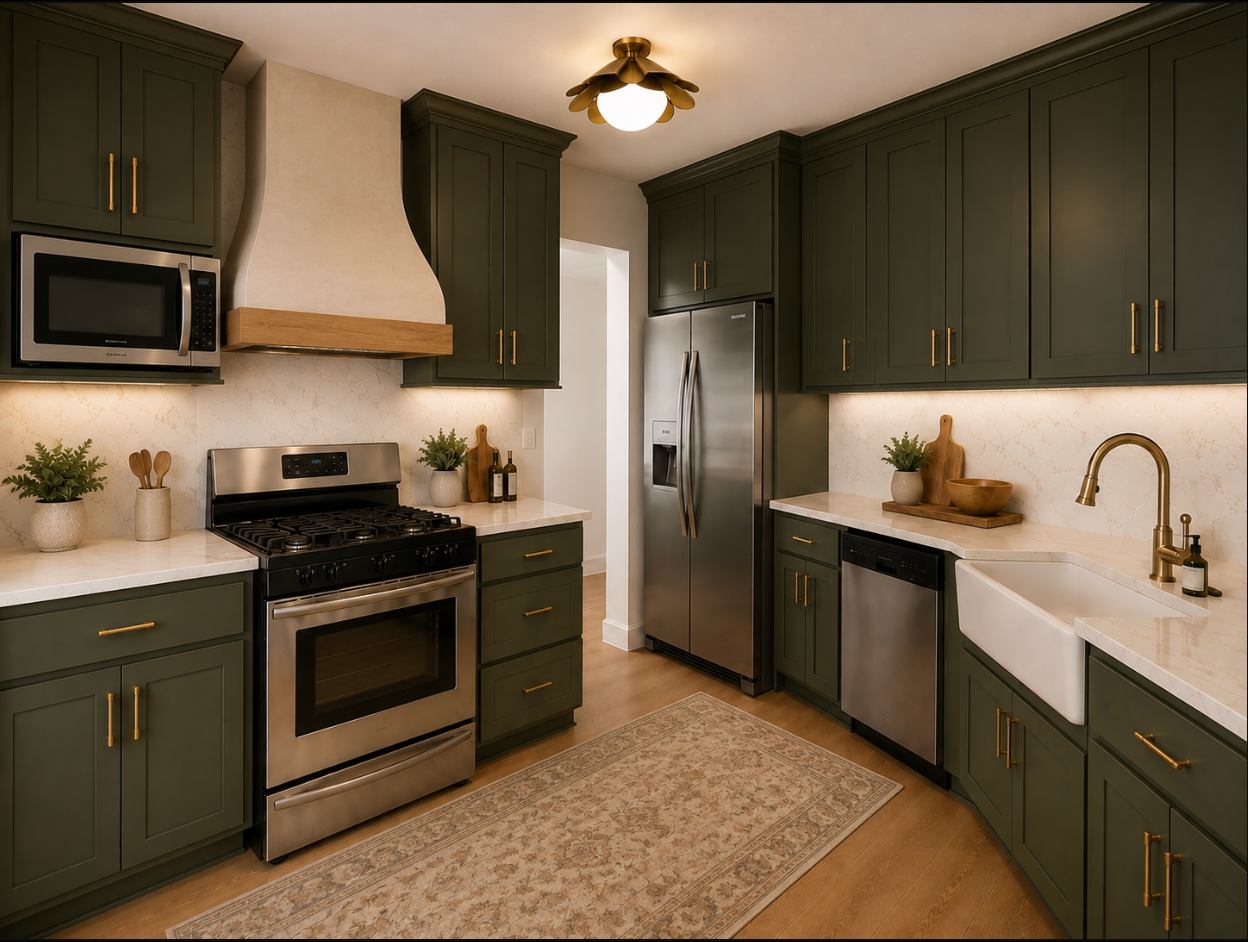 Kitchen with olive green cabinetry and brass hardware