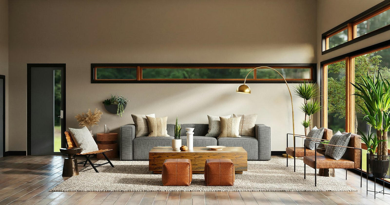 Sunlit neutral toned living room designed by Meraki Atelier